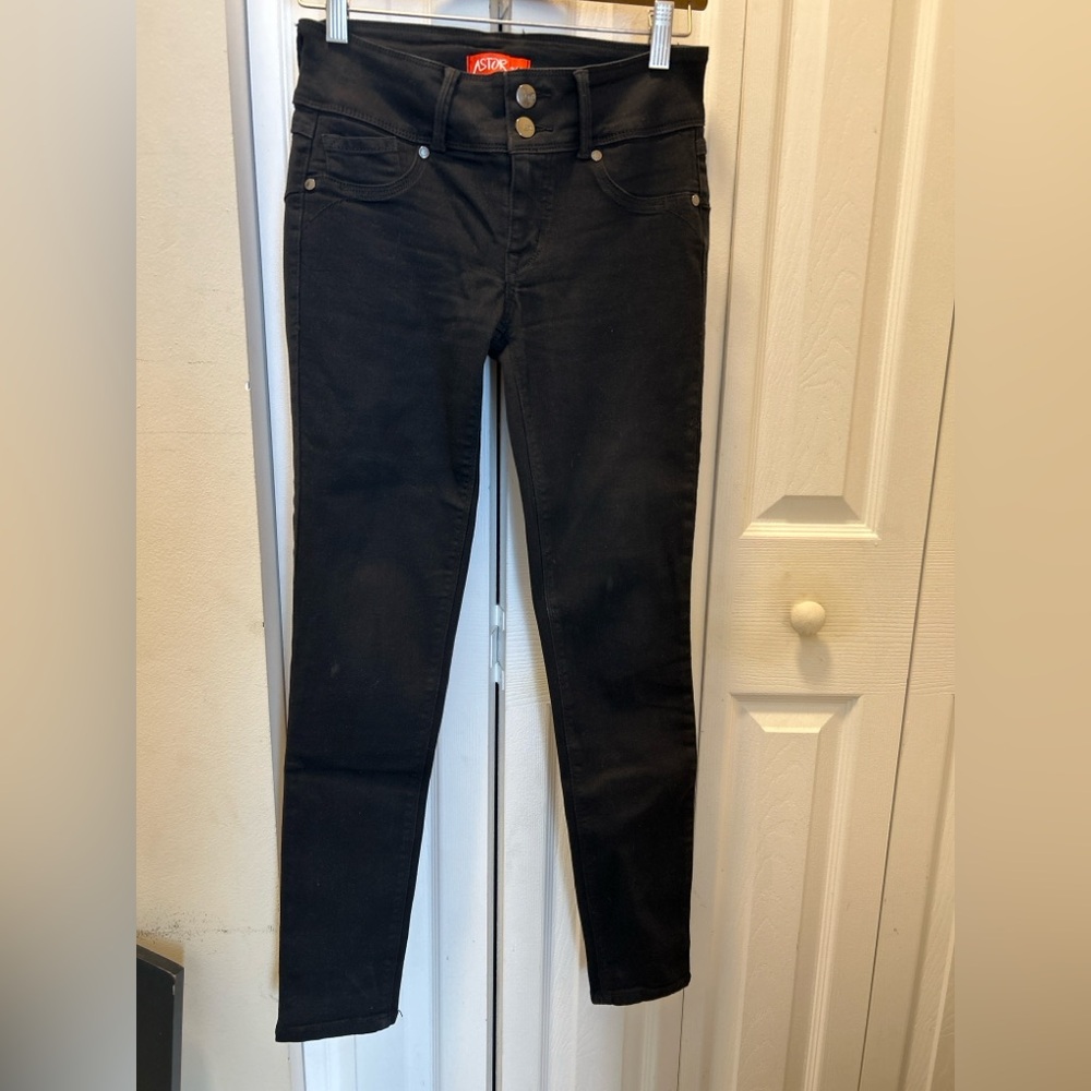 Astor Denim Women’s Black Skinny Jeans – Double Button High Rise Stretch Pants